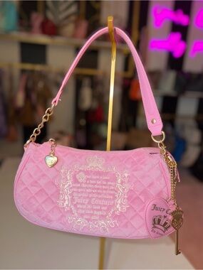 Juicy Couture Pink Velour Quilted Shoulder Bag w/ Heart Mirror & Key Charm gold